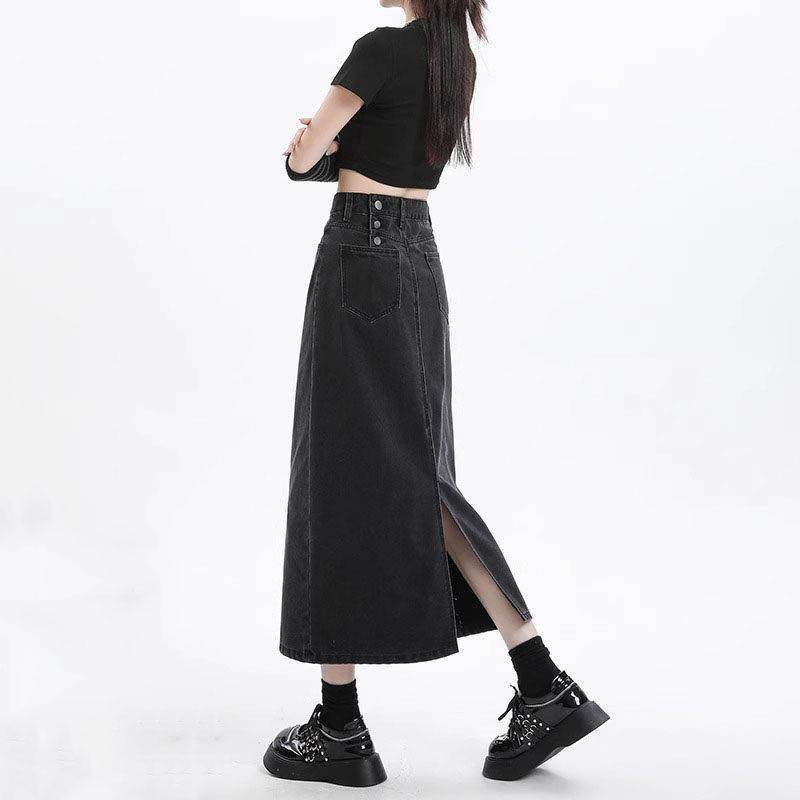 Canary Kiss黑灰色牛仔半身裙女2025春季薄款高腰开叉a字包臀长裙,女装/女士精品,大码裤装,淘宝优惠券,粉丝福利购,淘宝优惠卷