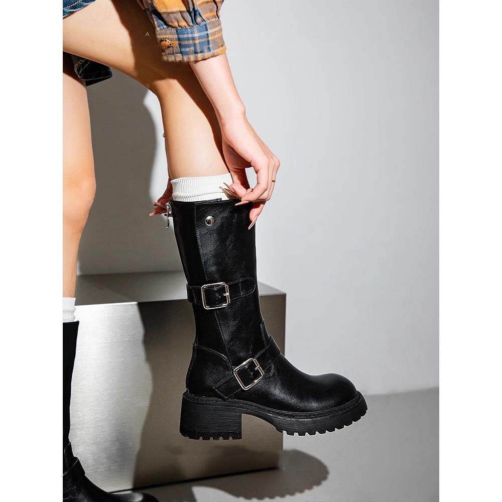 香港女士中小腿骑士靴2025春秋季新款带扣摩托车靴英伦风格高筒靴