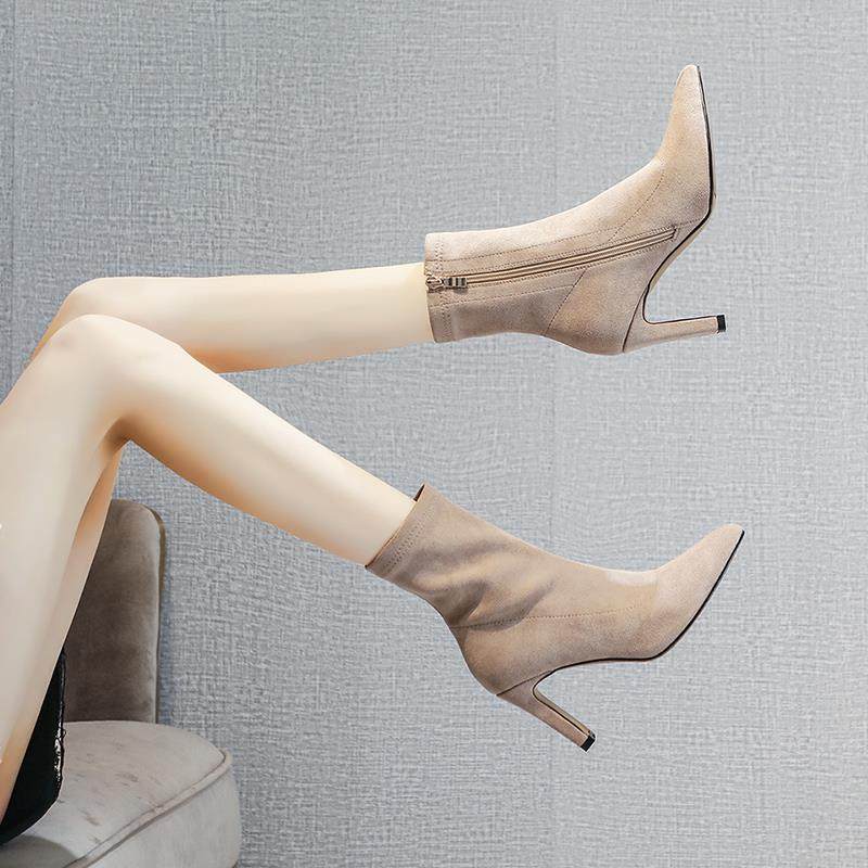 Ocnltiy~~跟高7.5CM 性感细跟弹力靴女2024秋冬新款高跟马丁靴女