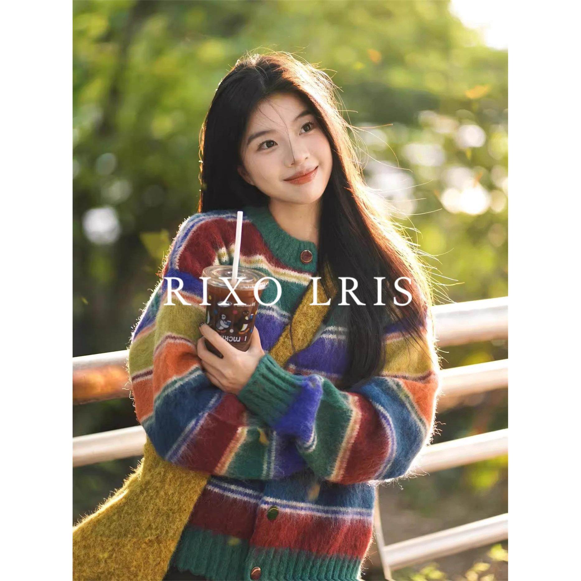 RIXO LRIS法式彩色条纹毛衣外套女秋冬新款宽松慵懒风针织衫上衣,女装/女士精品,大码内搭,淘宝优惠券,粉丝福利购,淘宝优惠卷