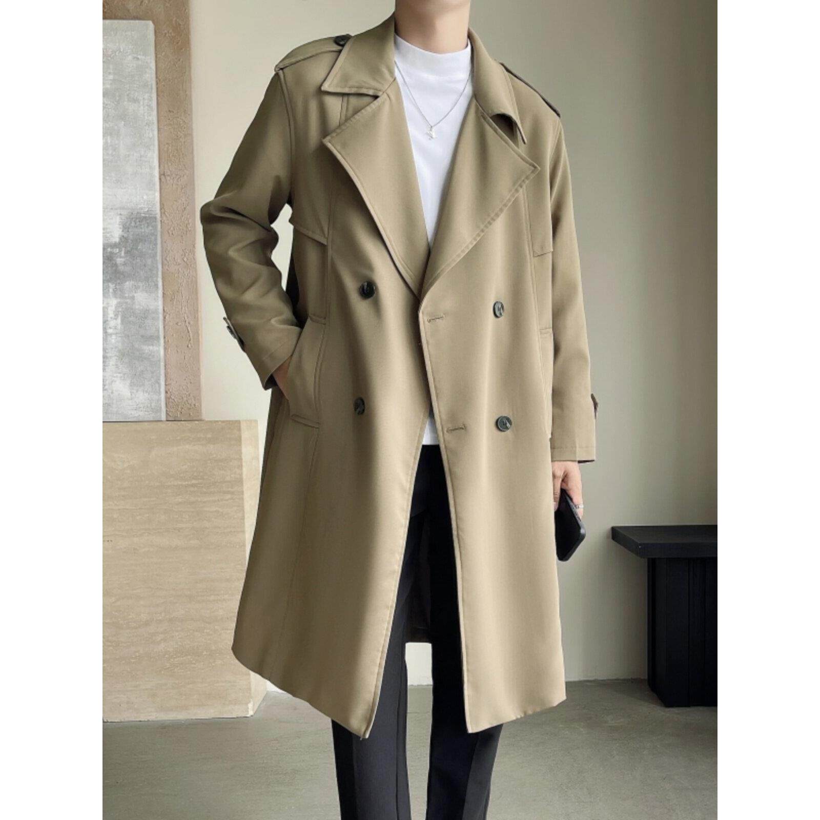 春秋季薄款外套男士双排扣翻领中长款简约外穿宽松潮流百搭风大衣