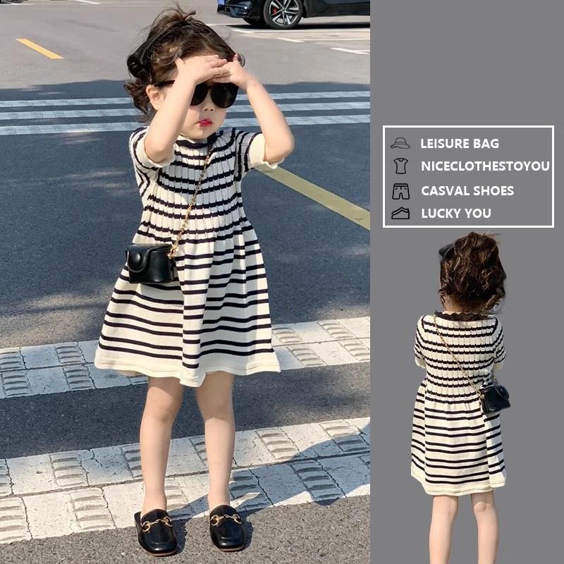 2025新款夏季韩版洋气女童连衣裙宝宝条纹针织裙A字裙儿童蓬蓬裙