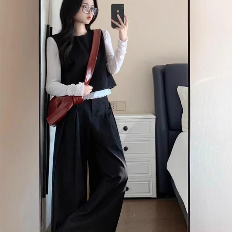 rouje bonjour高级感无袖马甲短款白色花边上衣阔腿裤三件套套装