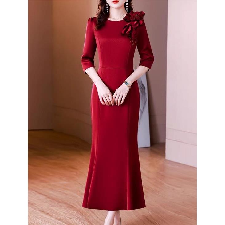 Ocnltiy喜婆婆婚宴装鱼尾连衣裙女秋季高级感结婚喜服妈妈装礼服