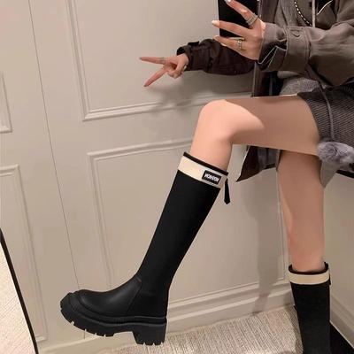 香港真皮高筒骑士靴女2025新款秋冬季英伦风长筒靴不过膝厚底靴子