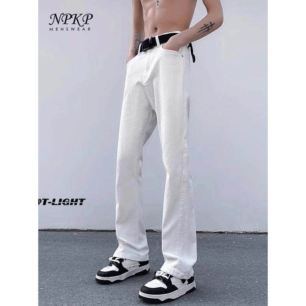 美式牛仔裤男士春秋款痞帅高街修身直筒裤潮流纯白色vibe微喇裤子