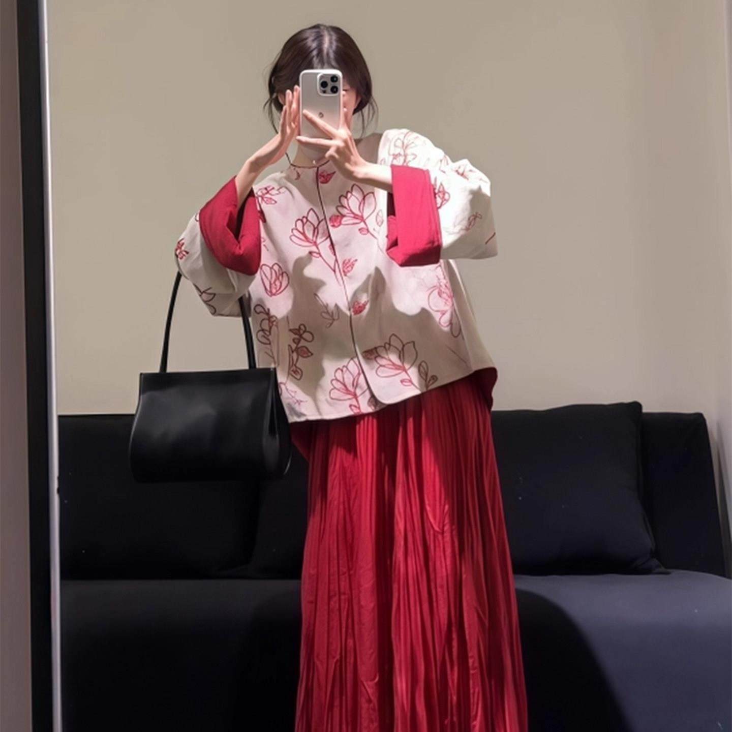 rouje bonjour新中式国风红色提花压褶外套半身裙高级感两件套,女装/女士精品,大码套装,淘宝优惠券,粉丝福利购,淘宝优惠卷