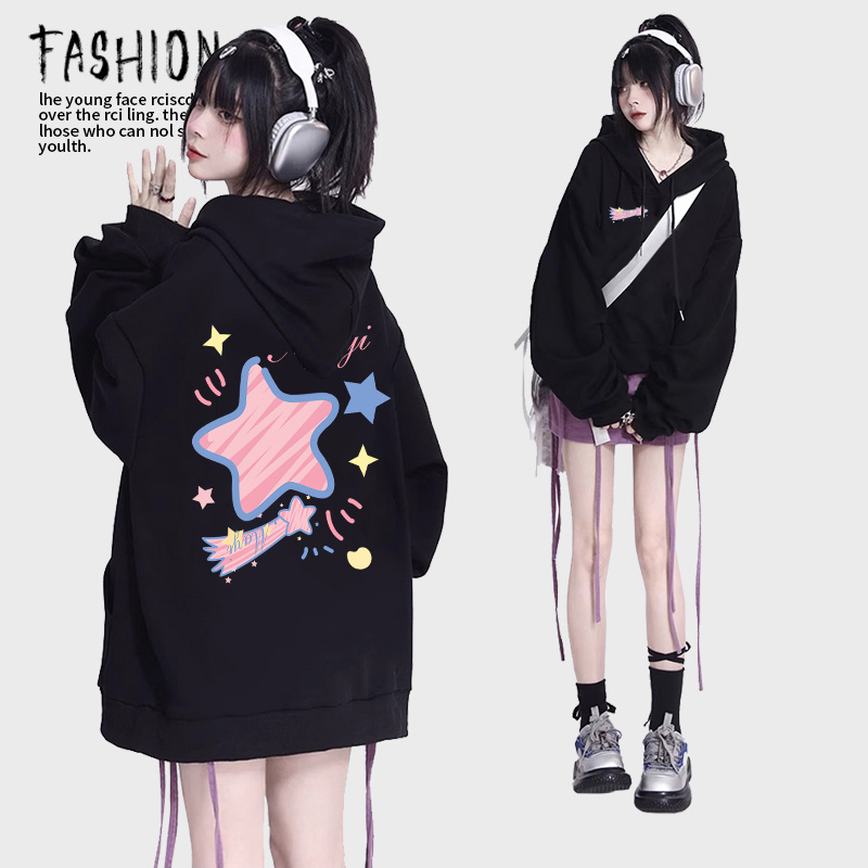 黑色连帽卫衣女加绒加厚春秋季