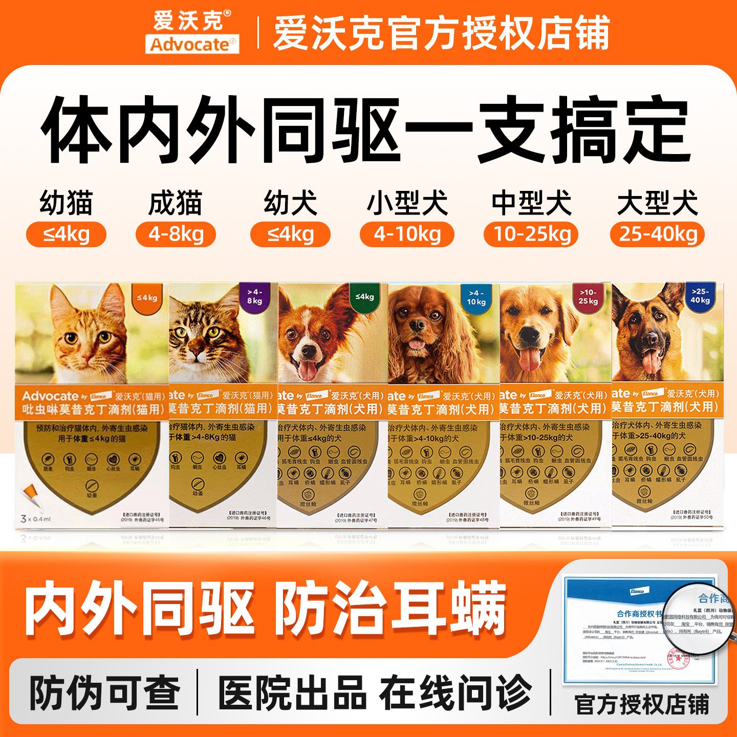 德国爱沃克宠物狗狗猫咪体内外一体驱虫药狗猫成幼猫体内体外3支