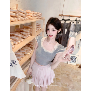 池昭昭26ss/ Dusty Rose free pe*灰色蕾丝tee+粉色插片半裙套装