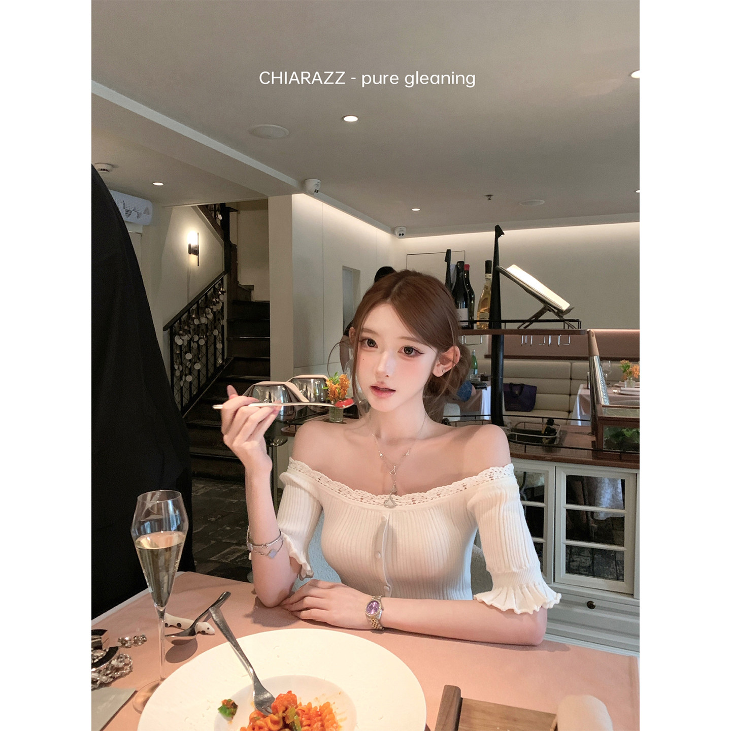池昭昭Chiarazz薄荷风信子 100%棉温柔钩花针织上衣+薄荷绿色半裙图片