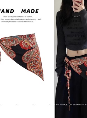 美式腰果花红色系腰丝巾屁帘复古辣妹腰封配裤子腰链系带新品腰饰