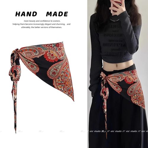 美式腰果花红色系腰丝巾屁帘复古