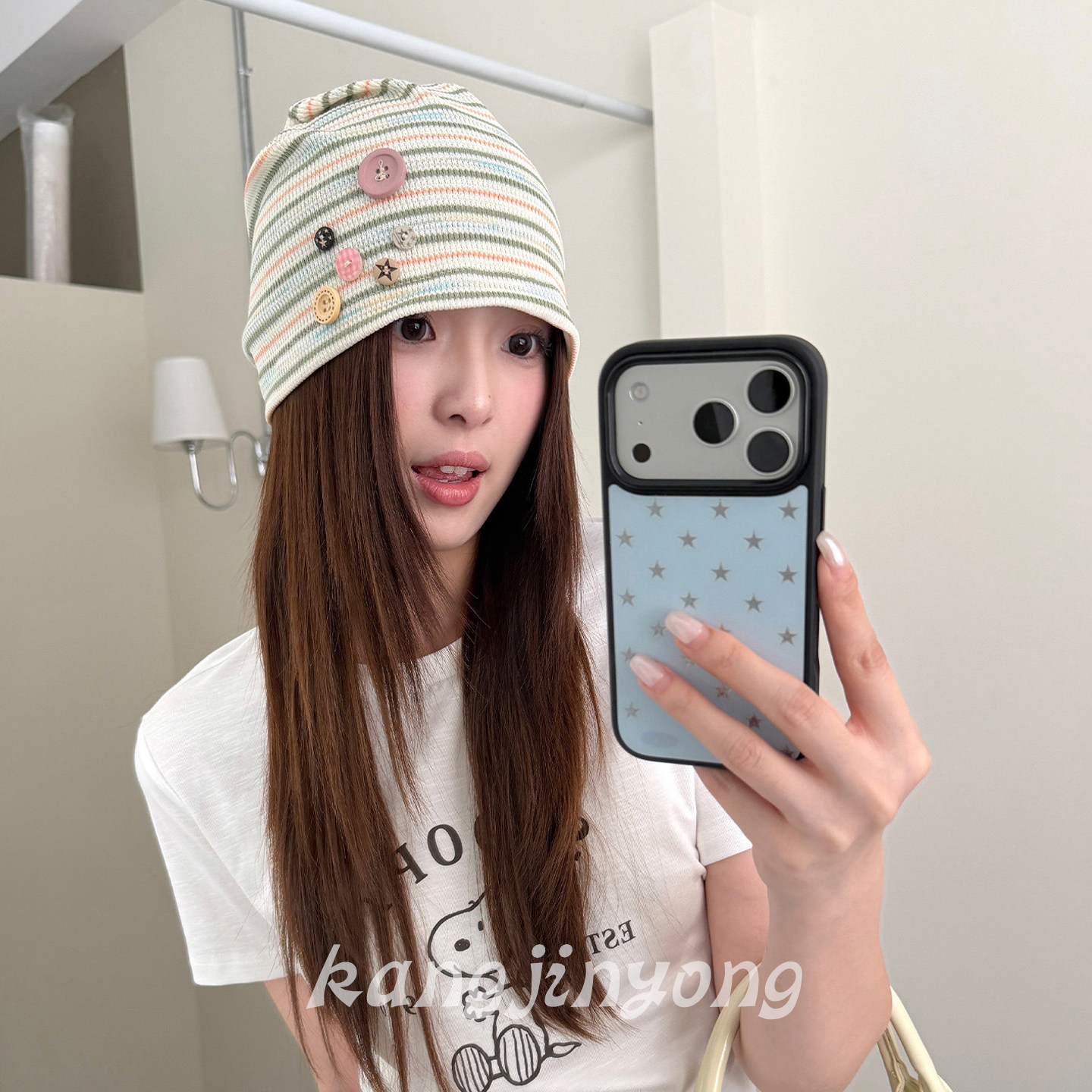 韩系撞色条纹纽扣堆堆帽女早秋