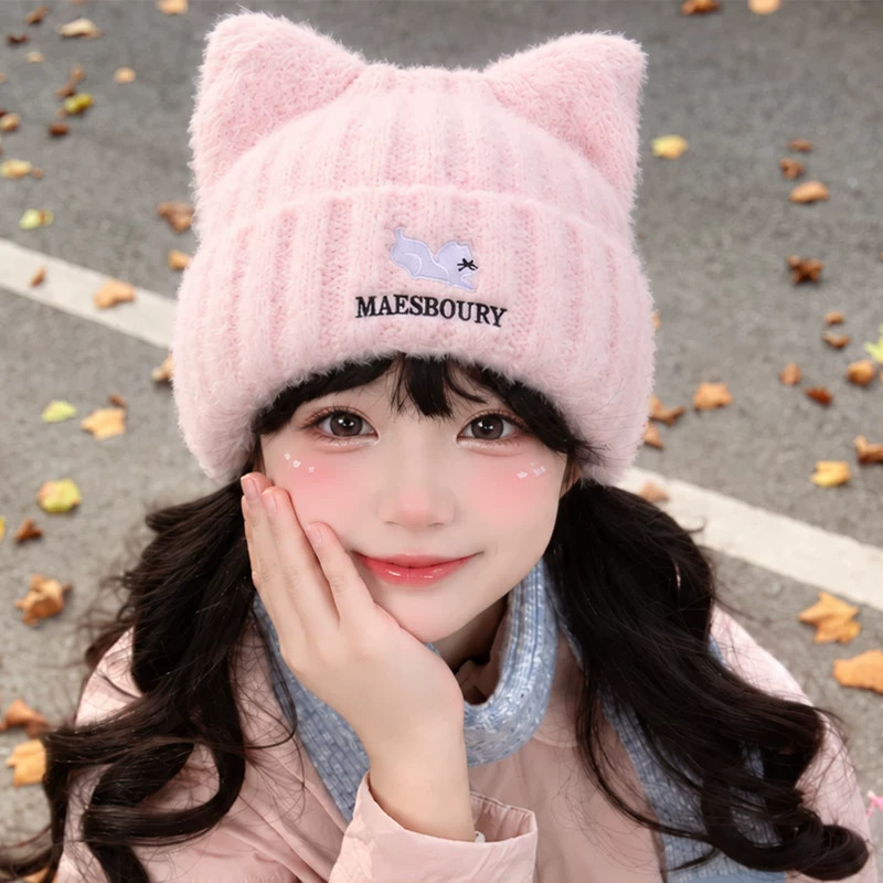 粉色毛绒猫耳针织帽女秋冬可爱