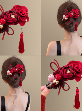 赤蔷晚棠~新中式新年红色发夹！2026新款扭扭鸭嘴夹头饰女盘发器