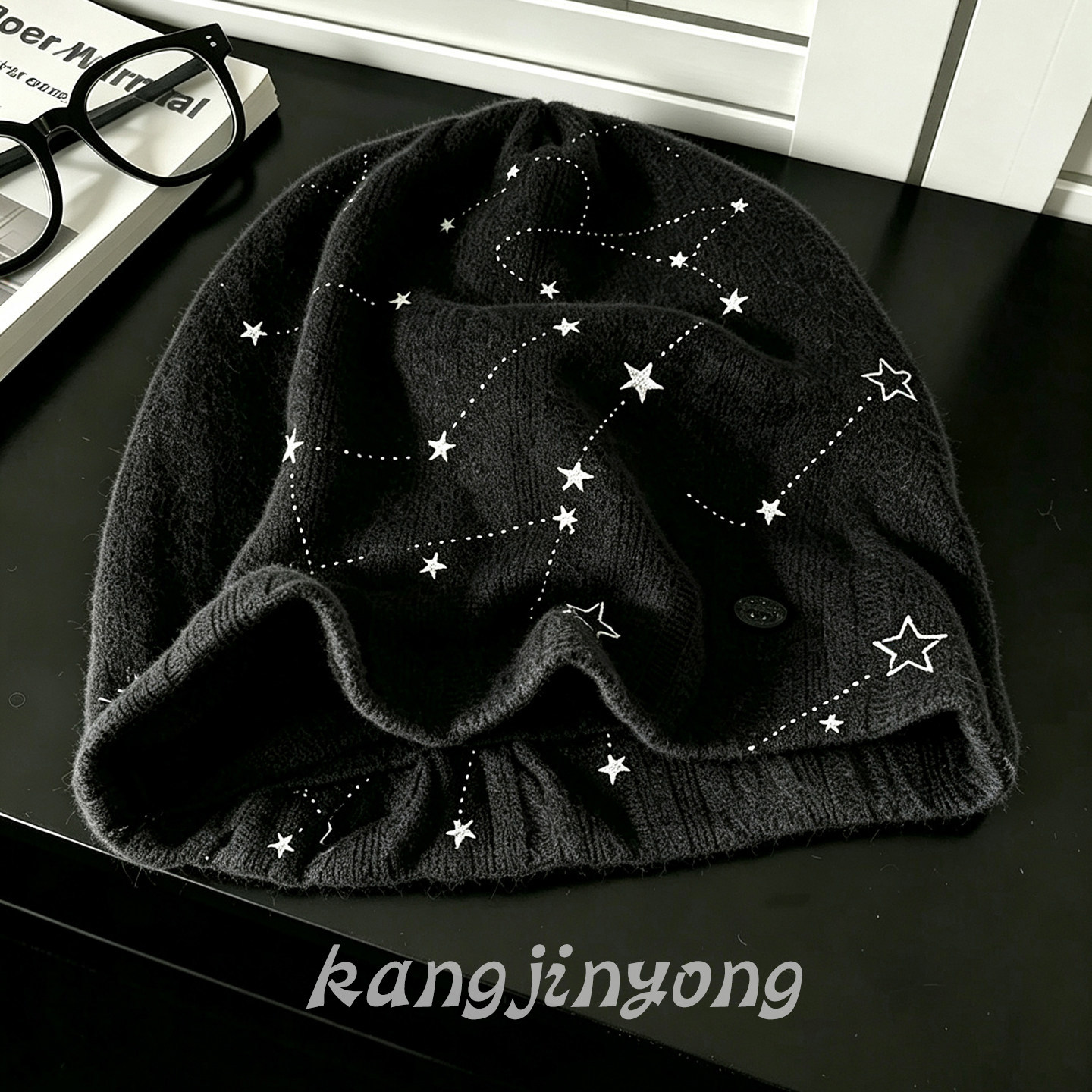 韩系个性黑色星星针织堆堆帽秋冬