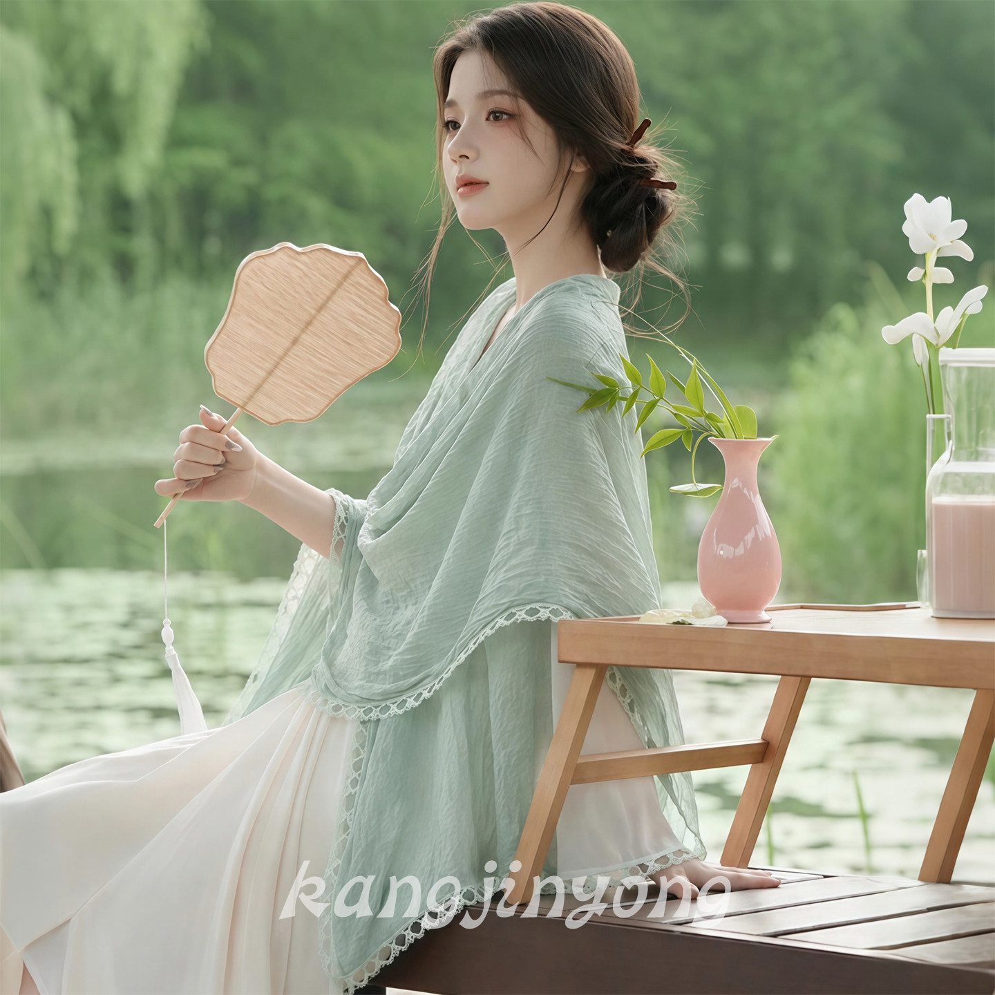 中式温婉清新豆绿色蕾丝花边披肩