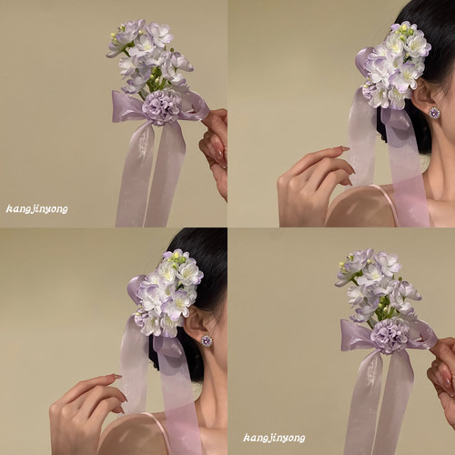 「紫樱春序」紫色花朵蝴蝶结发夹