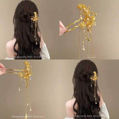 国风金色流苏气质梅花u型簪子