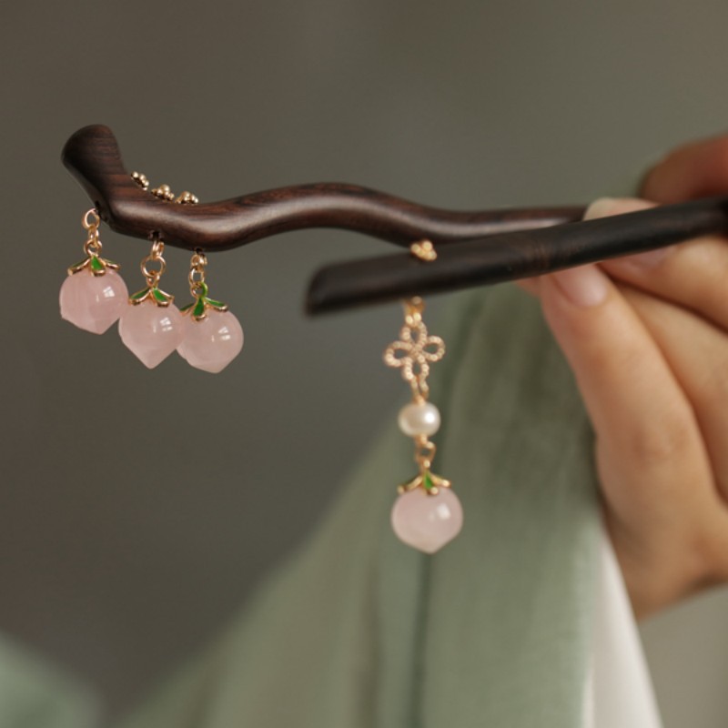 可爱桃子木簪女式后脑勺盘发头饰