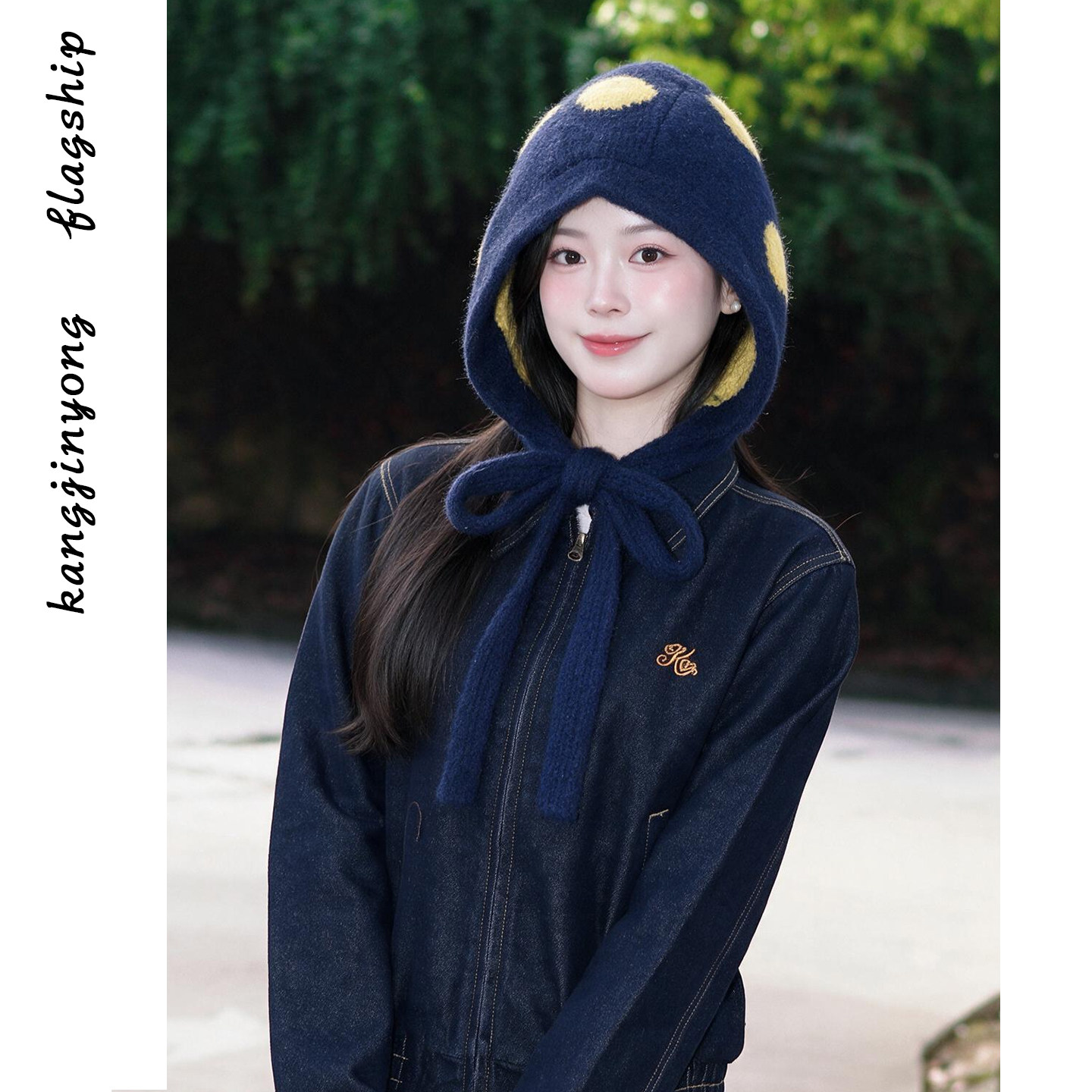 韩版波点蓝色提花巴拉克拉法帽女
