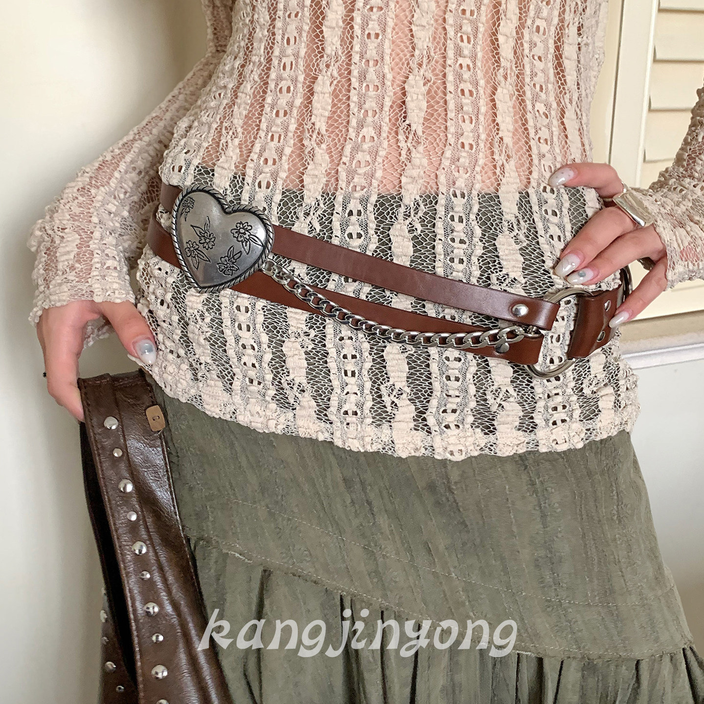 美式复古雕花爱心链条腰带女时髦