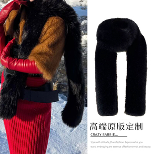 贵气感 黑色仿狐狸毛皮草围巾长条高级雪地出片红色皮质手套 韩版
