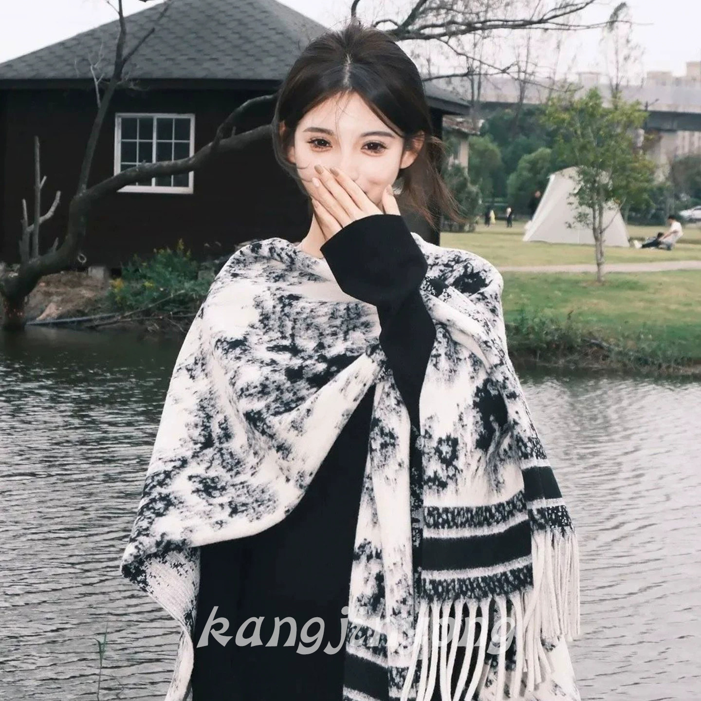 复古水墨画双面斗篷披肩外套秋冬