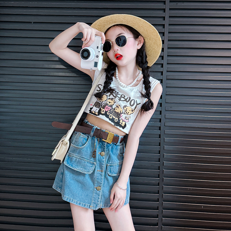 女童牛仔短裤套装夏季2025新款儿童女孩大童又酷又飒的童装辣妹装