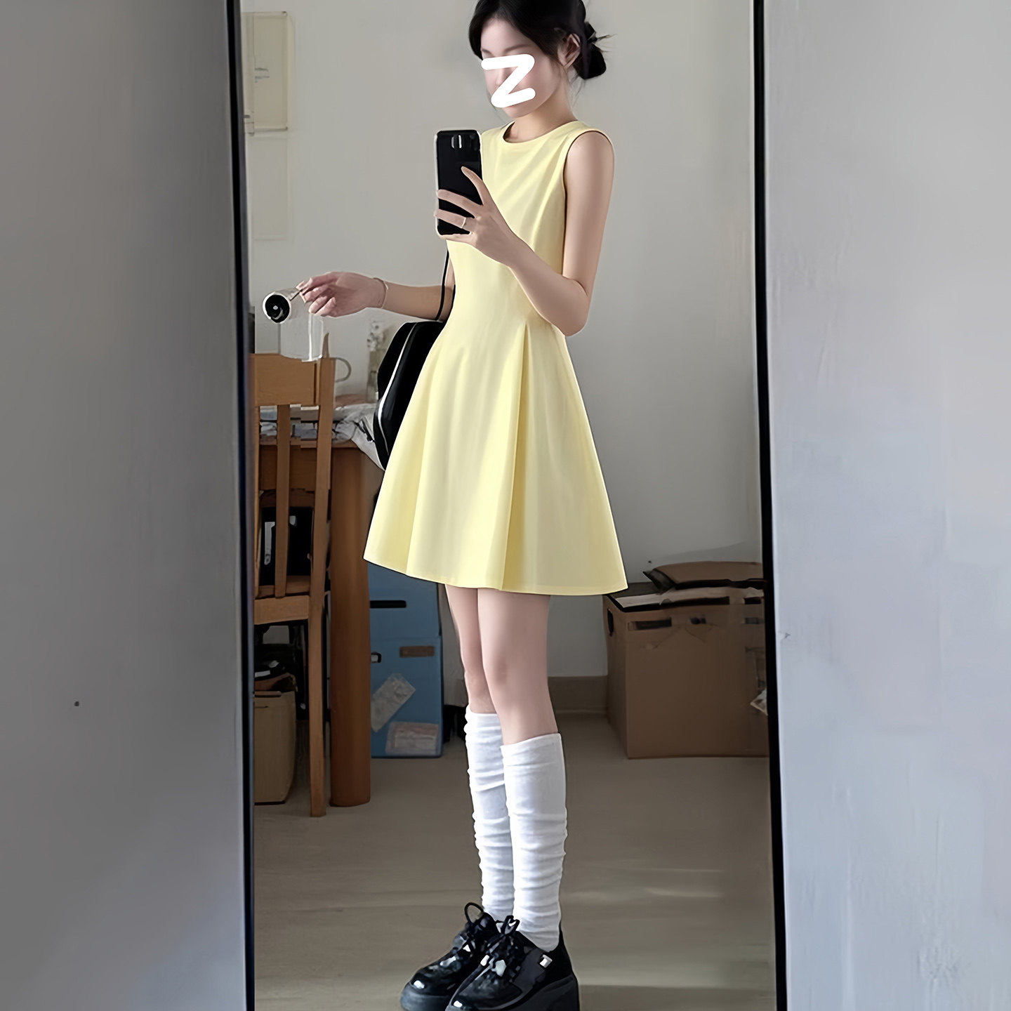 正品黄色无袖背心连衣裙子女夏季法式小个子高级感礼服裙收腰显瘦