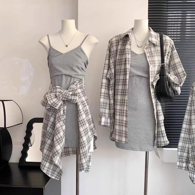 正品灰色格子衬衫女薄款2026夏季新款吊带外搭宽松慵懒风开衫长袖