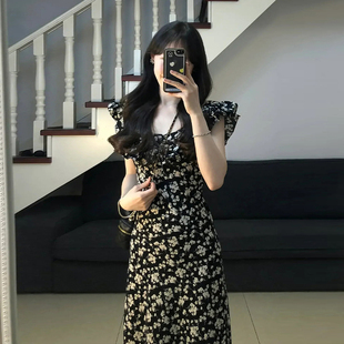茶歇法式 小个子海边度假绝美长裙 黑色碎花连衣裙子女夏季 2025新款