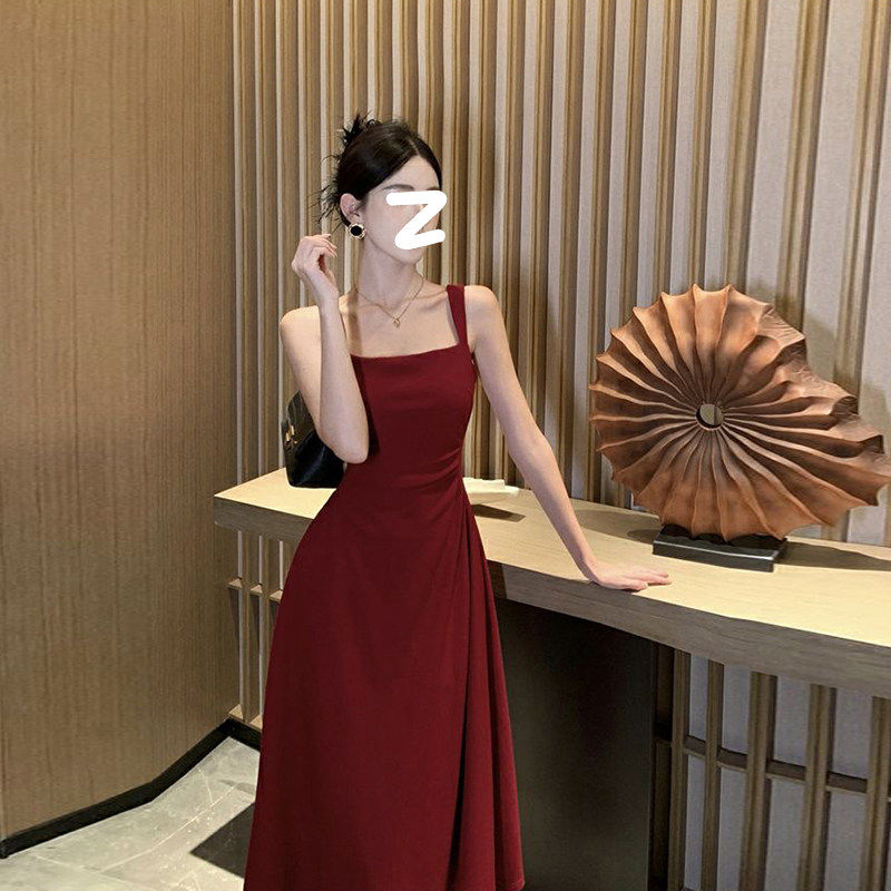 正品红色吊带连衣裙女夏季法式订婚礼服敬酒服平时可穿新娘红裙子