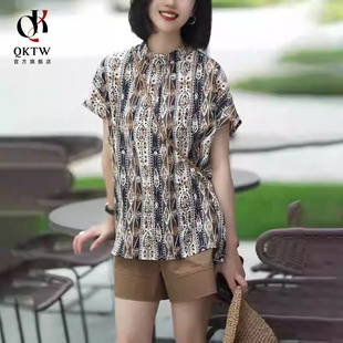 洋气复古民族风冰丝透气户外防晒半袖 印花短袖 薄款 衬衫 T恤 女夏季