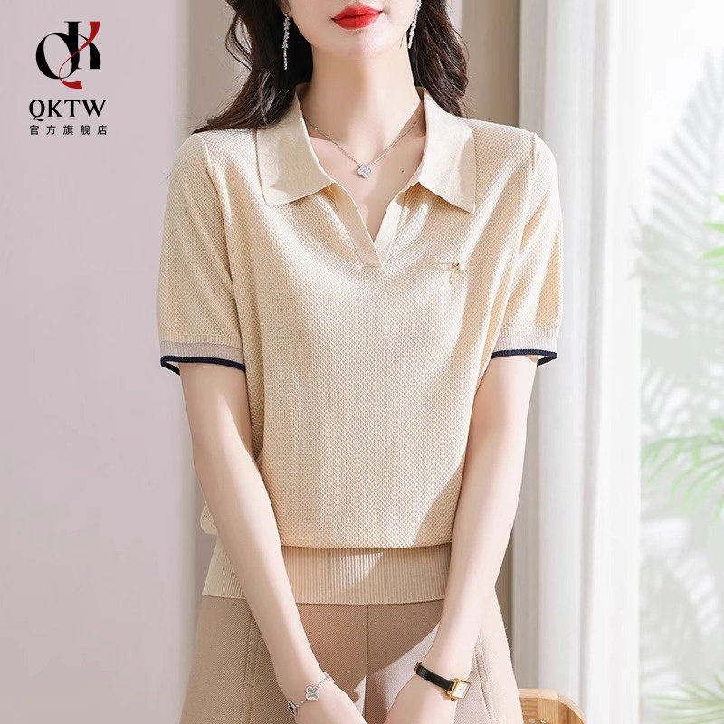 polo领冰丝短袖t恤女2025夏季新款洋气减龄轻奢妈妈款翻领针织衫