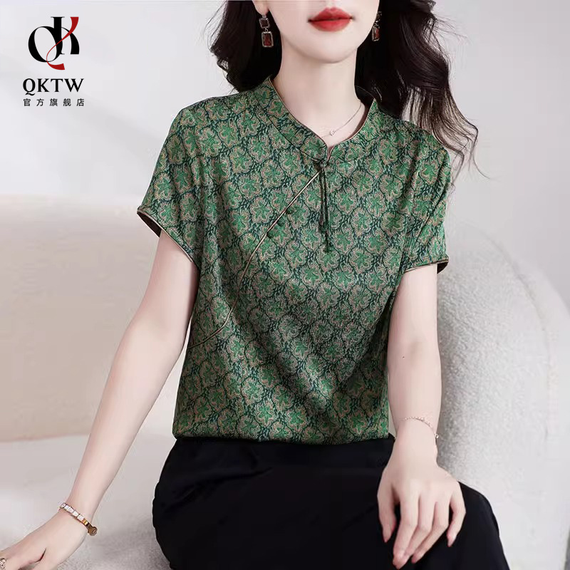 新中式丝绸缎面t恤女夏季新款立领凉爽透气衬衫气质碎花真丝上衣