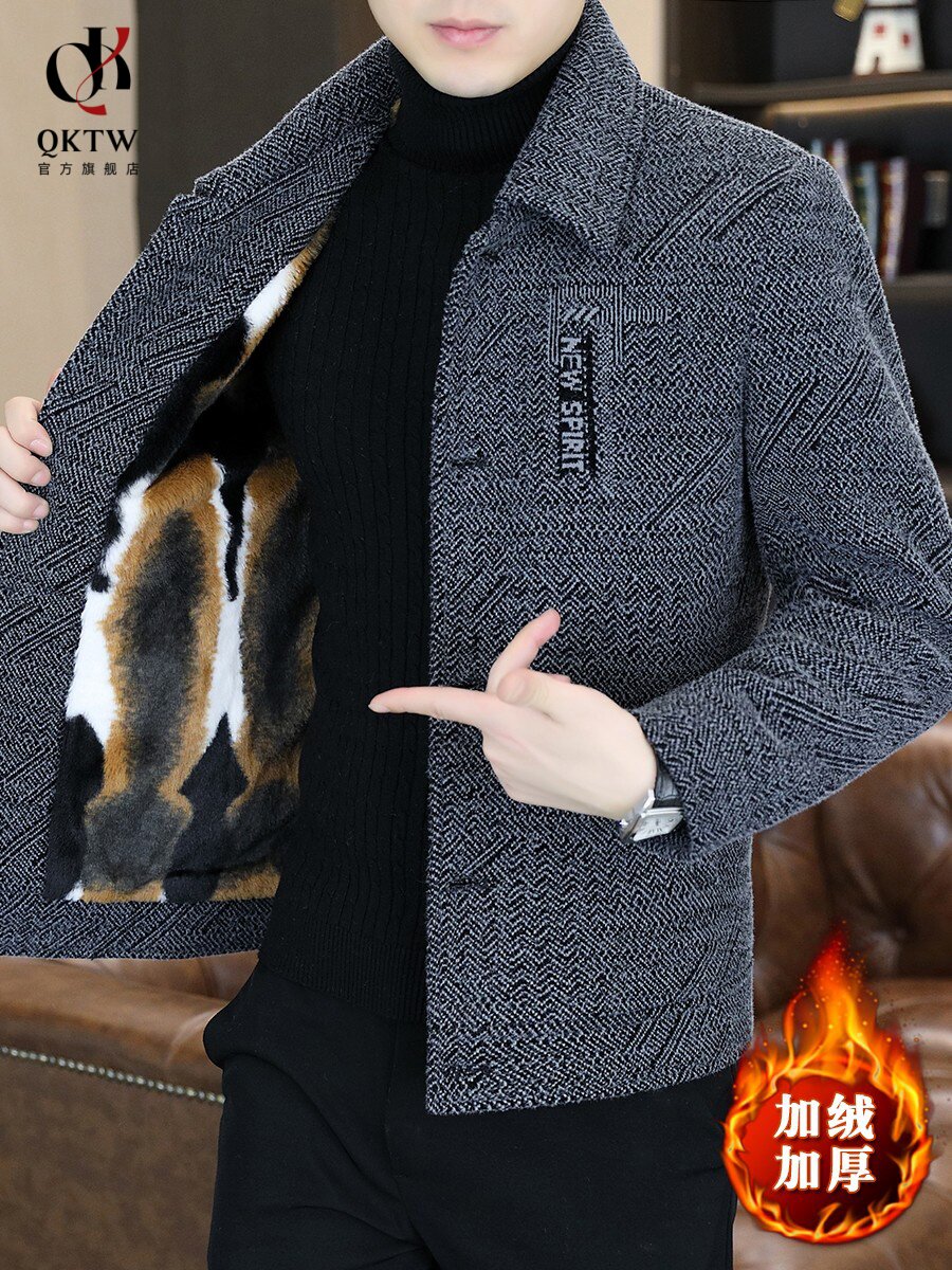 夹克男2025秋冬季新款中年爸爸时尚翻领短款外套加绒加厚毛呢大衣