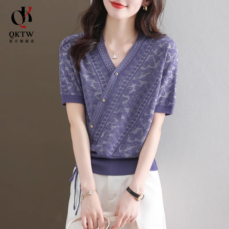 冰丝短袖t恤女夏季新款洋气减龄小众冰丝透气百搭妈妈针织衫上衣