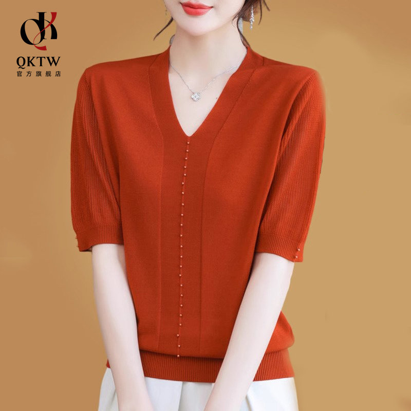 冰丝短袖t恤女夏季新款鸡心领洋气宽松遮肚薄款透气妈妈休闲小衫