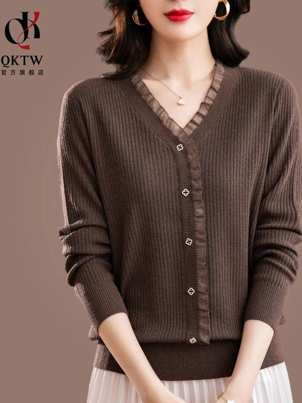 V领长袖T恤女秋冬季2025新款加厚保暖开衫修身显瘦气质减龄打底衫