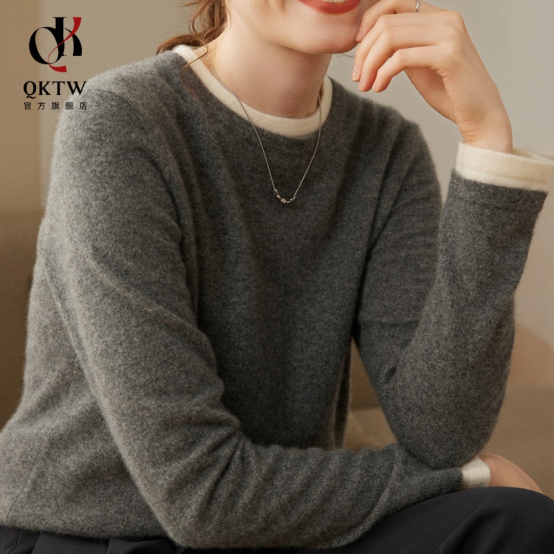 鄂尔多斯市薄款羊绒打底衫女2025秋冬季新款中老年假两件灰色毛衣