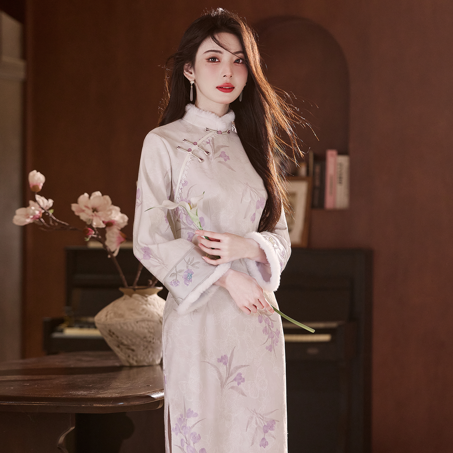 紫色旗袍秋冬加绒2025新款高端