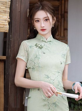 绿色送考旗袍民国风2025年新款春夏新中式改良气质连衣裙日常素雅