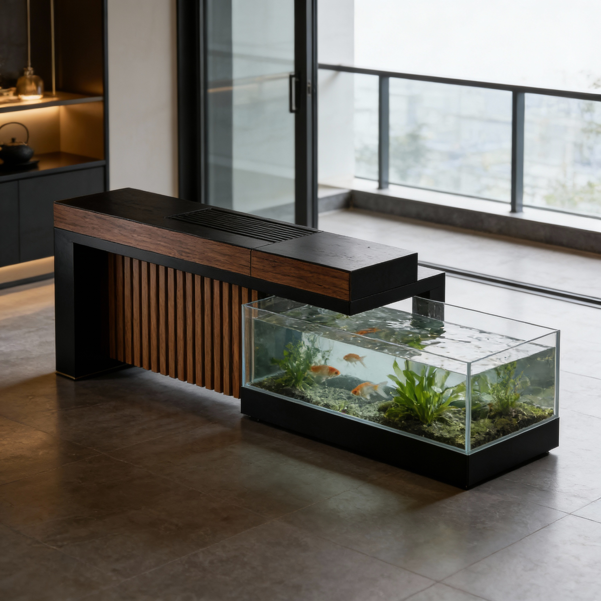 实木不锈钢流水茶台禅意景观茶几阳台庭院造景泡茶休闲一体茶桌室