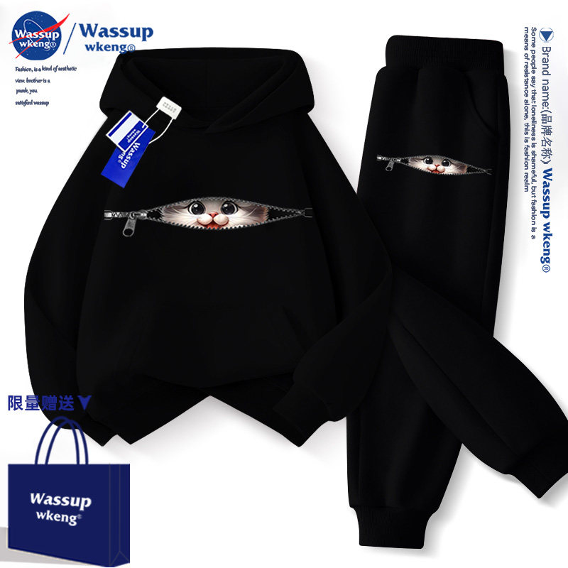 儿童连帽卫衣过年2026秋冬款男童中大童加绒加厚运动服套装