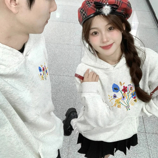 情侣装卫衣“有钱花”设计白灰色2026新款秋冬款连帽加绒宽松套装