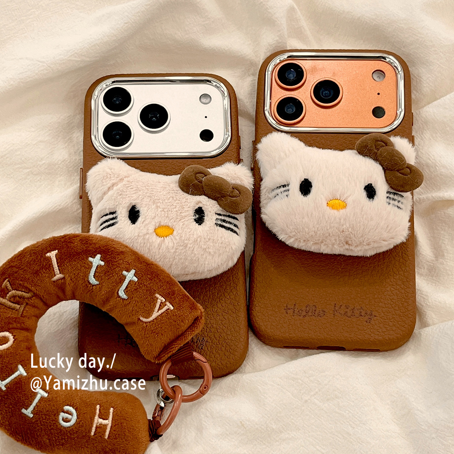 冬季皮纹可爱HelloKitty立体带挂绳适用苹果17PRO手机壳iPhone16ProMax新款15pro女款小众13硅胶14防摔全包软