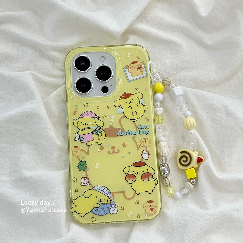 可爱超萌卡通布丁狗带链条适用苹果16手机壳iPhone14pro小众16PRO新款女款13硅胶15ProMax防摔简约男全包软壳