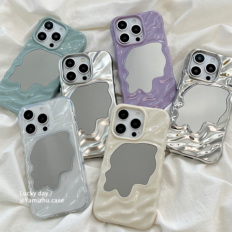 立体褶皱镜面适用iphone苹果16手机壳韩系网红轻奢14pro小众16PRO新款女款13硅胶15ProMax防摔情侣高级感全包